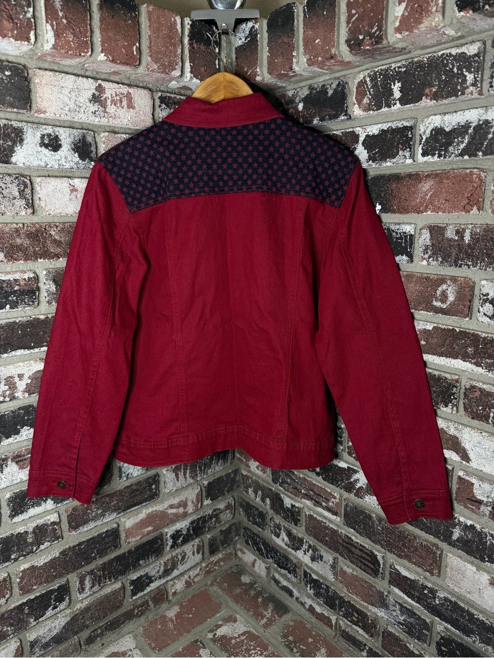 DG2 Red Denim Jean Collared USA Flag Stars and Stipes Button Up Jacket - Picture 5 of 7